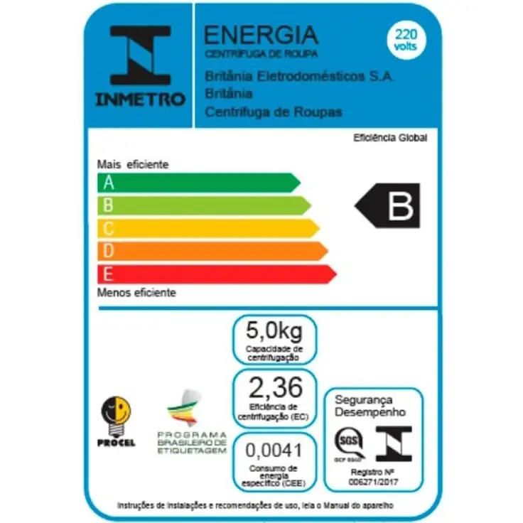 CENTRIFUGA ROUPAS BRITANIA 15KG BRANCA 037502009 220V