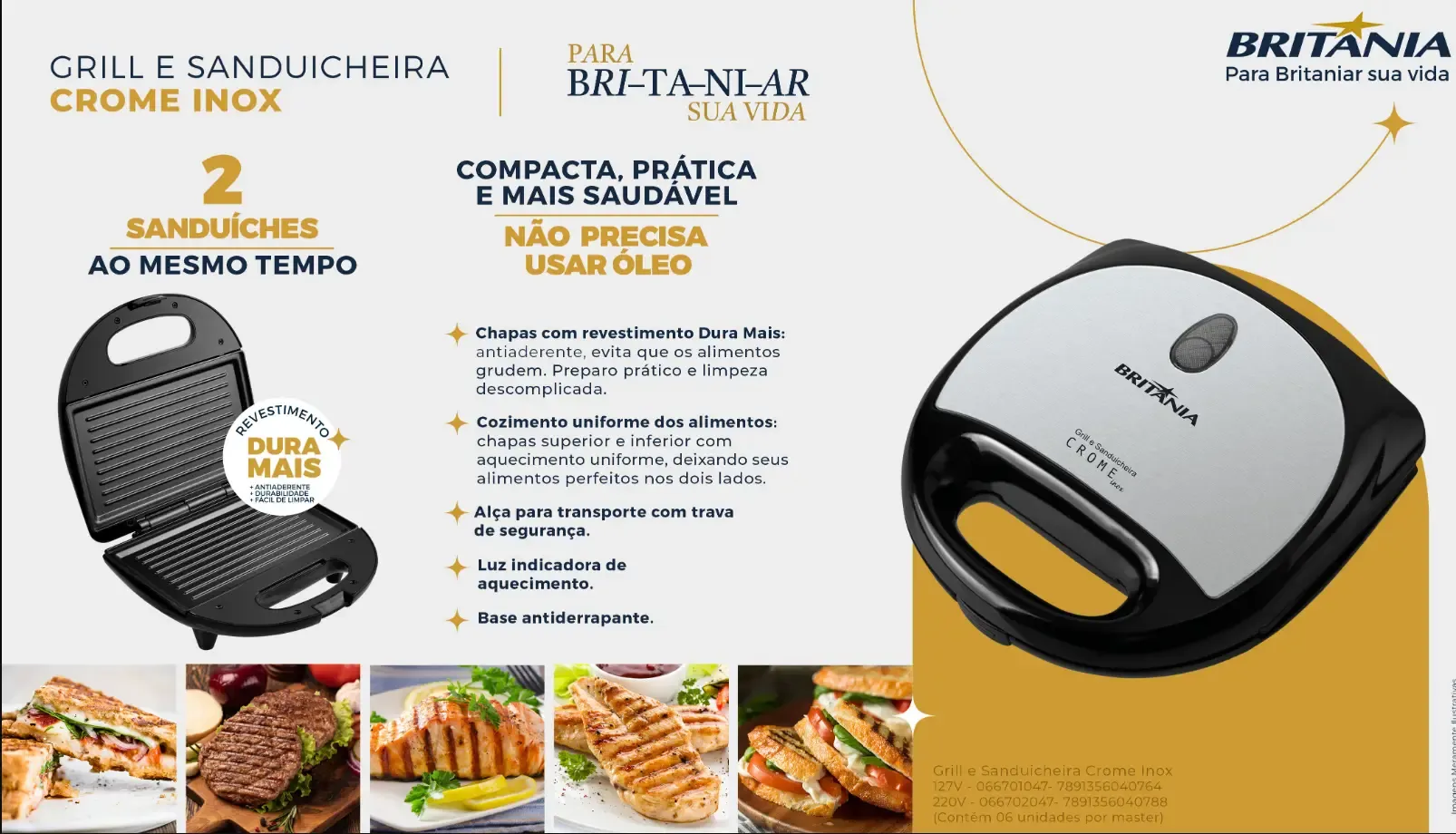 SANDUICHEIRA BRITANIA GRILL CROME INOX 064002069 220V