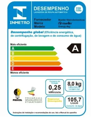 LAVADORA MUELLER ENERGY 8KG BRANCA 600044005 220V 2