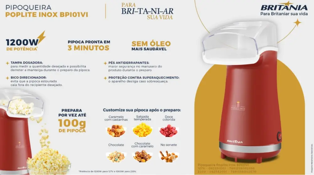 PIPOQUEIRA BRITANIA POPLITE INOX VERMELHA  220V ANTIGA:62552004 / POP TIME