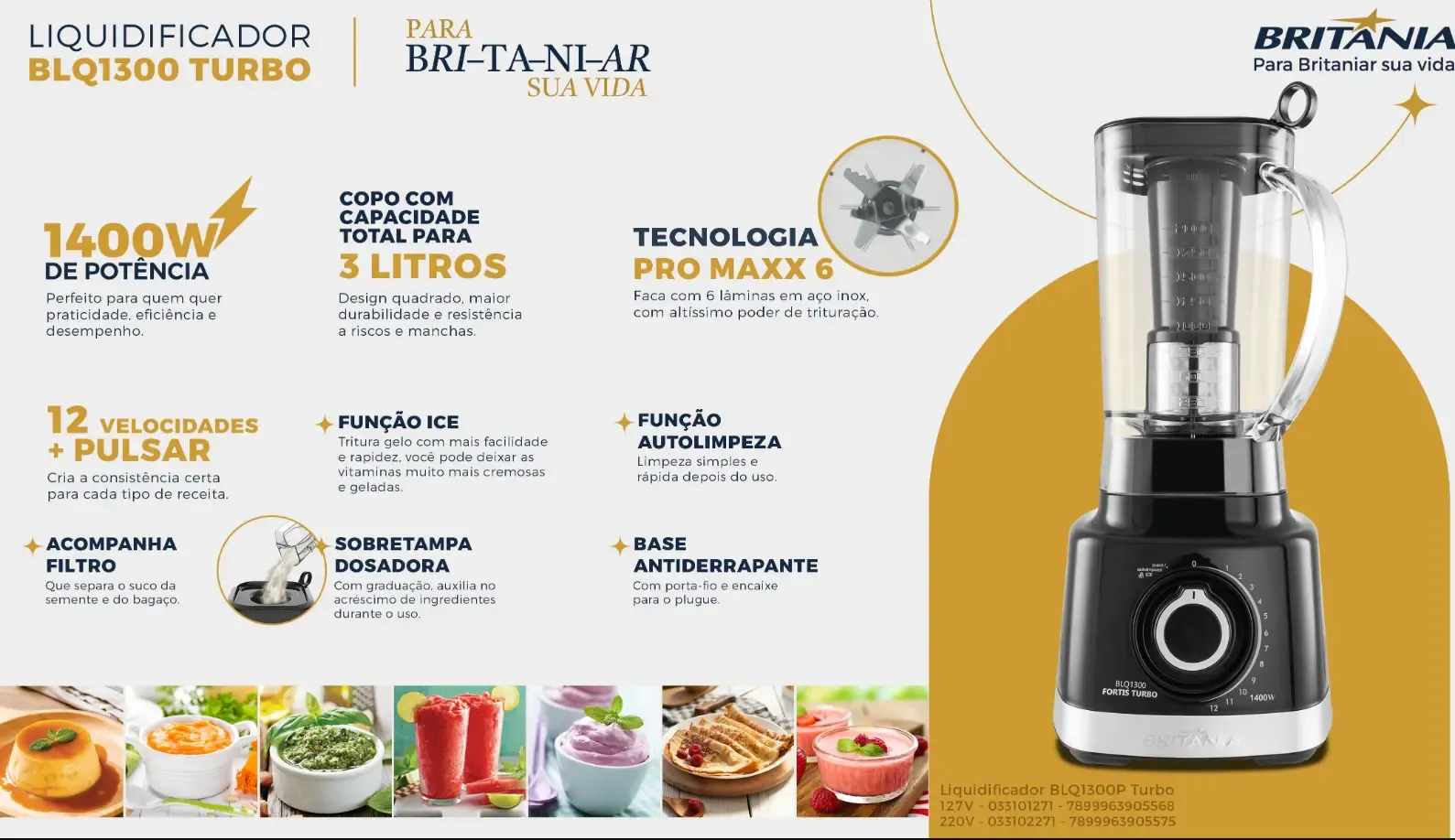 LIQUIDIFICADOR BRITANIA BLQ1300P TURBO 12 VEL. 3L 1.400W 220V ANTIGO: B1500P e B1300 2