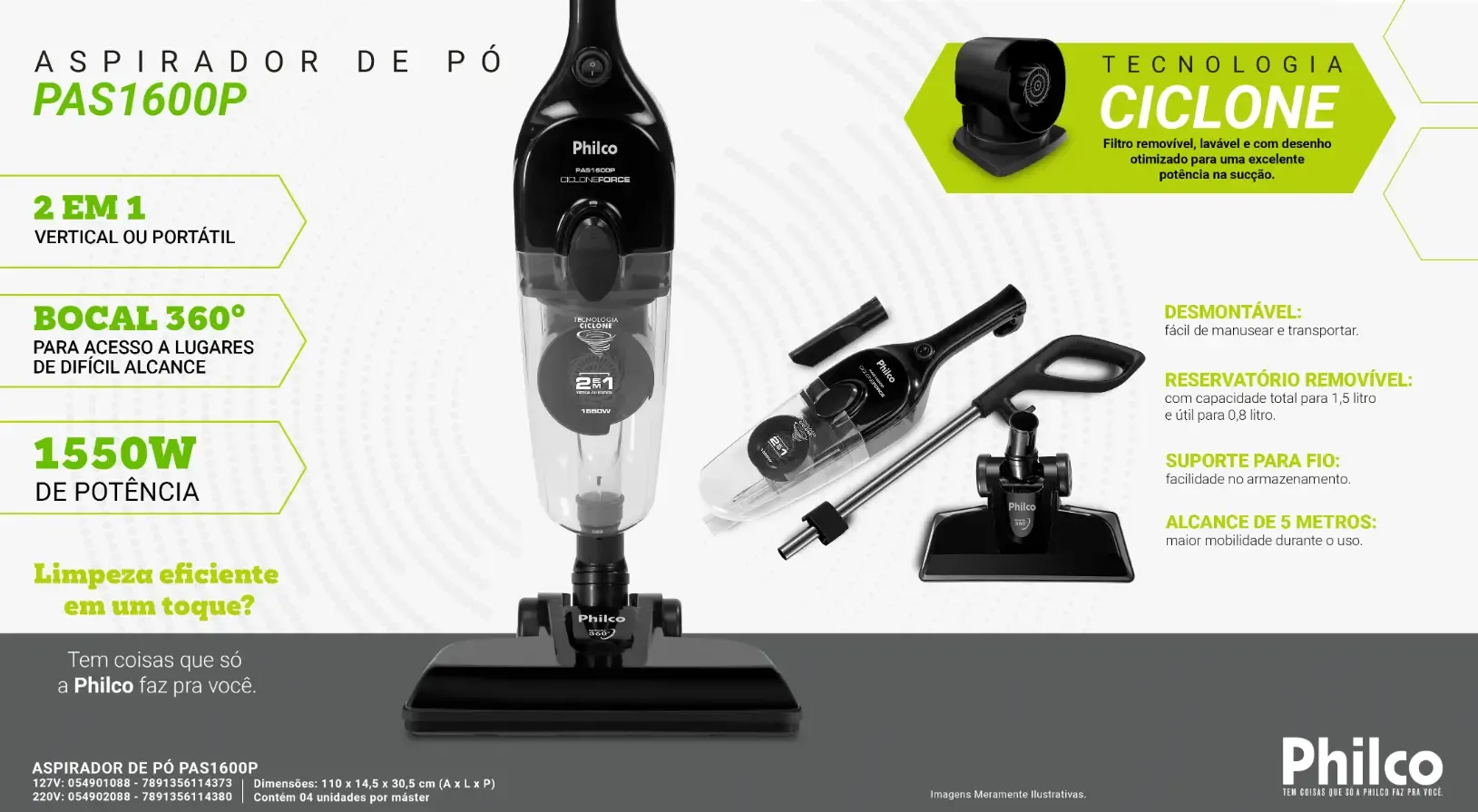 ASPIRADOR PO VERTICAL PHILCO PAS1600P CICLONE FORCE 1450W 054902088 220V- ANTIGO PAS06
