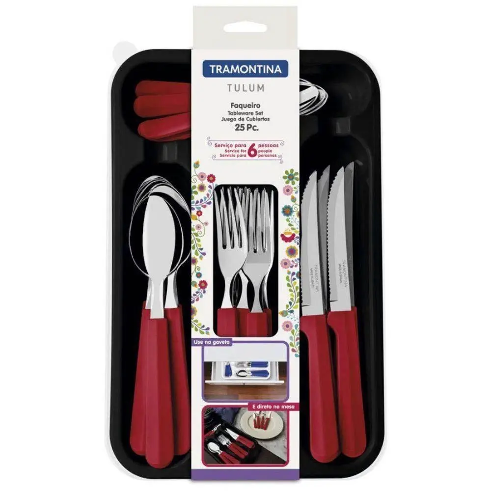 FAQUEIRO TRAMONTINA 23299/783 25PC C/ORGANIZADOR GAVETA TULUM VERMELHO