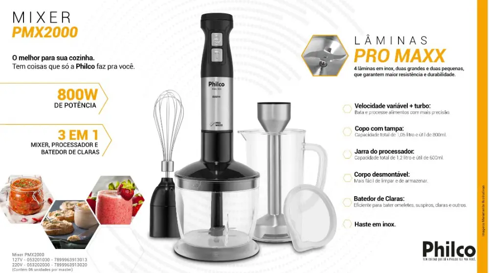 MIXER PHILCO PMX2000 3 EM 1 800W INOX 220V ANTIGO:PMX600 600W