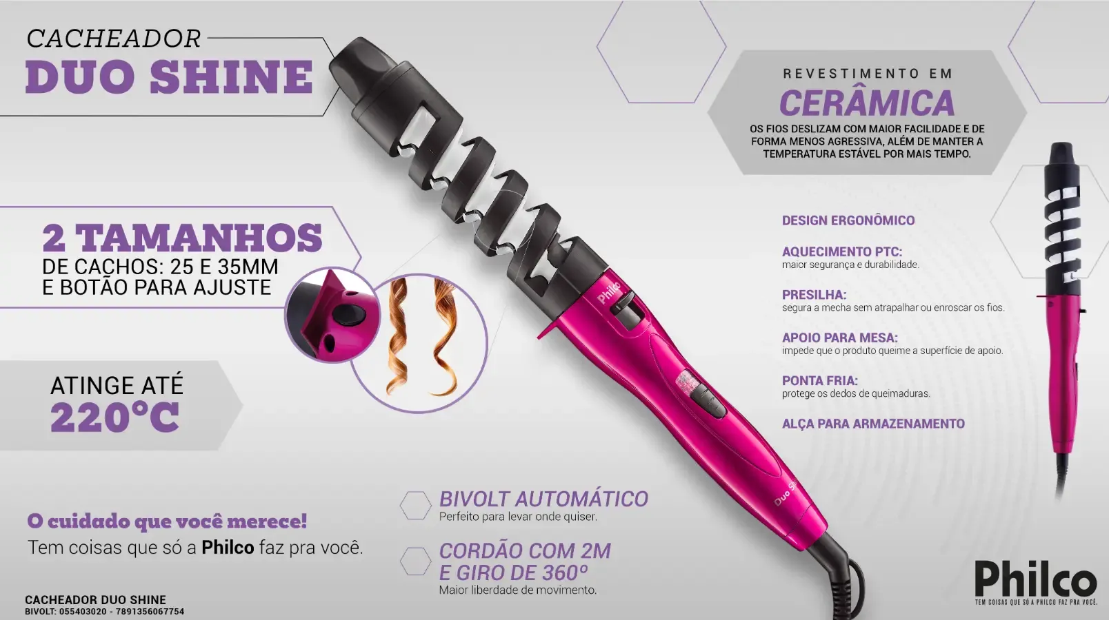 MODELADOR CACHOS PHILCO DUO SHINE ROSA 055403020 BIVOLT