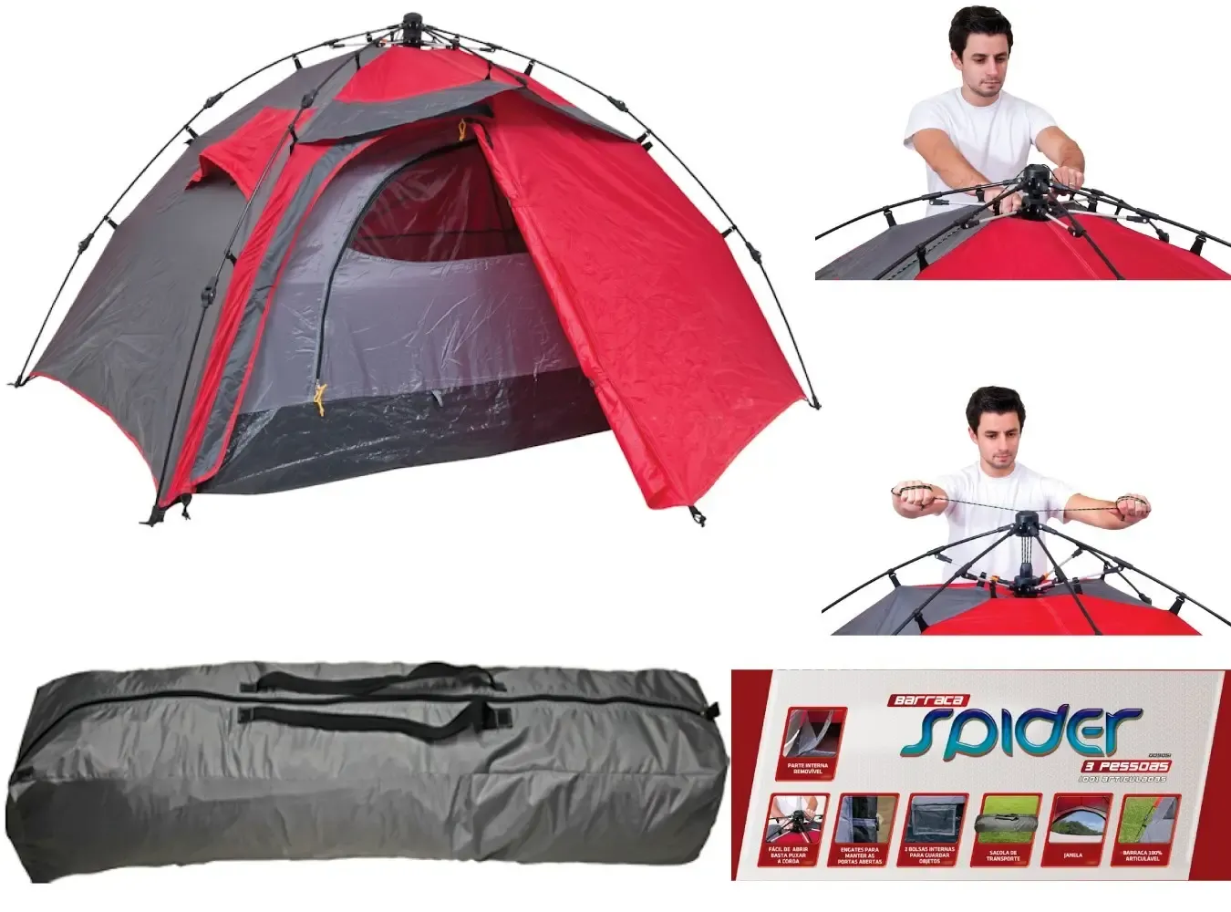 BARRACA MOR SPIDER 3 PESSOAS ARTICULADA CINZA/VERMELHO