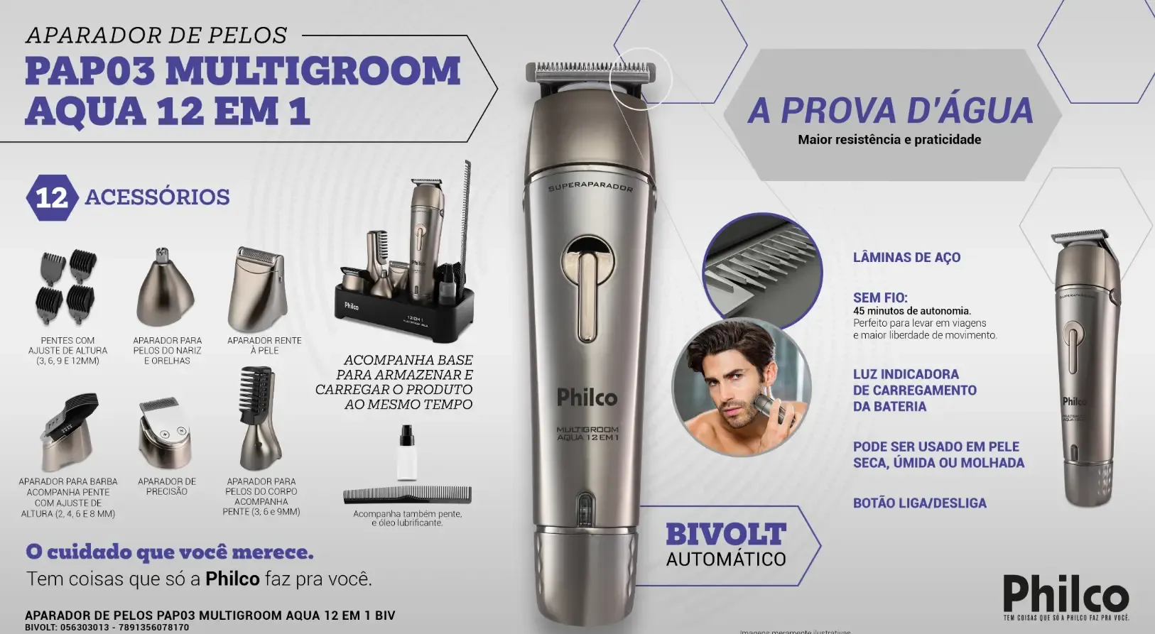 APARADOR PELOS PHILCO PAP03 AQUA12 MULTIGROOM 12 EM 1 56303013 BIVOLT