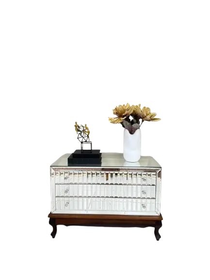 COMODA CHAPECO C/3 GAVETAS ESPELHO CRISTAL PRATA C/BISOTE PÉS MADEIRA CAST. 0228(BL)