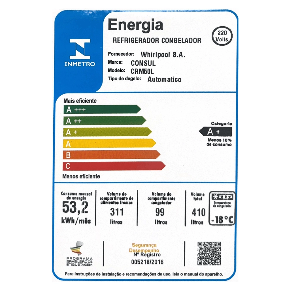 REFRIGERADOR CONSUL CRM50LBBNA 410LT FROST FREE BRANCO 220V 2