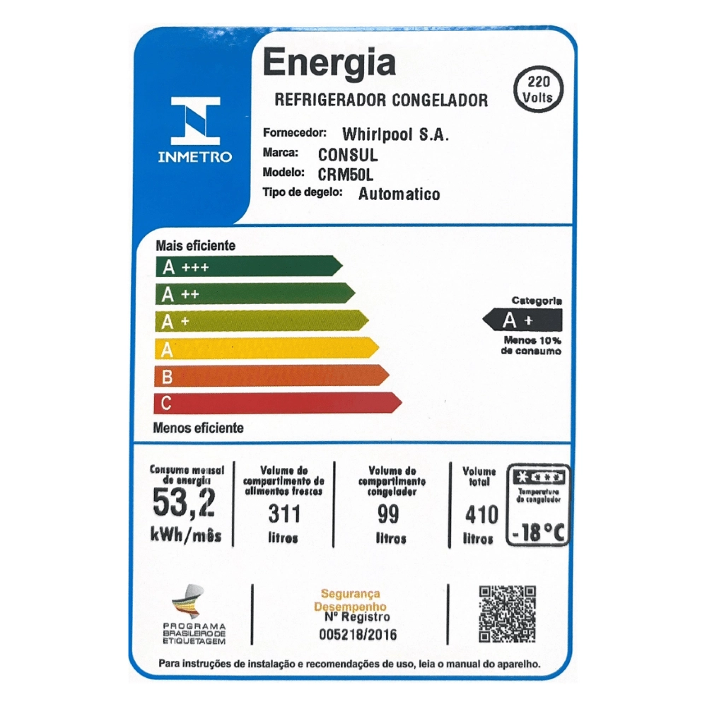 REFRIGERADOR CONSUL CRM50LKBNA 410LT FROST FREE PLATINUM 220V 5