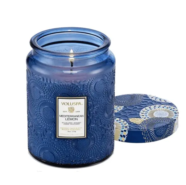 MINI VELA POTE VIDRO VOLUSPA 73540 50H RELEVO MEDITERRANEAN LEMON(BL)