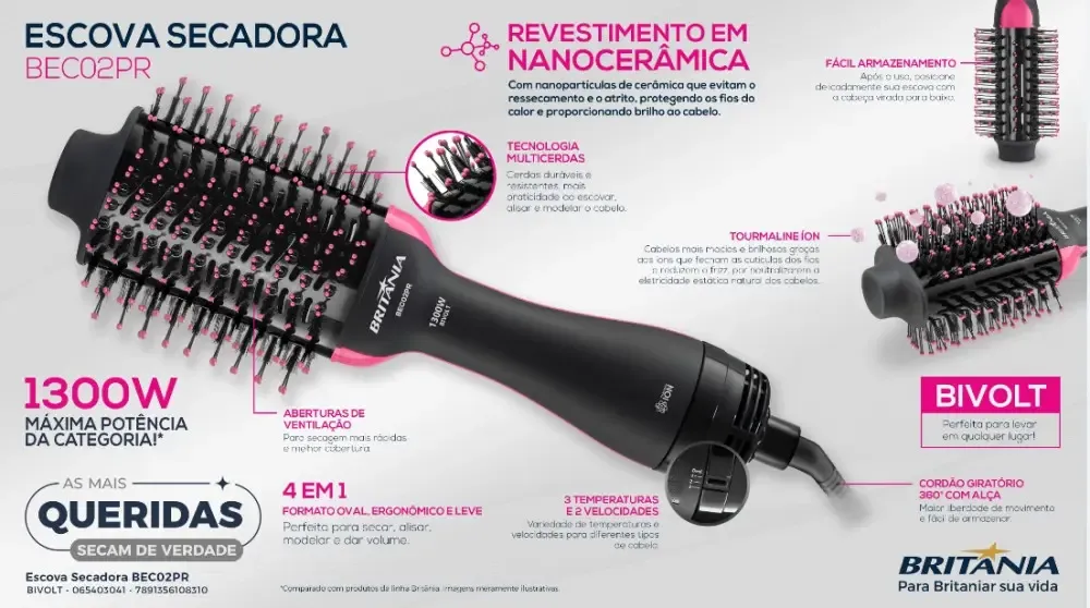 ESCOVA SECADORA BRITANIA BEC02PR 1.300W BIVOLT ANTIGA: BES23P SOFT 220V