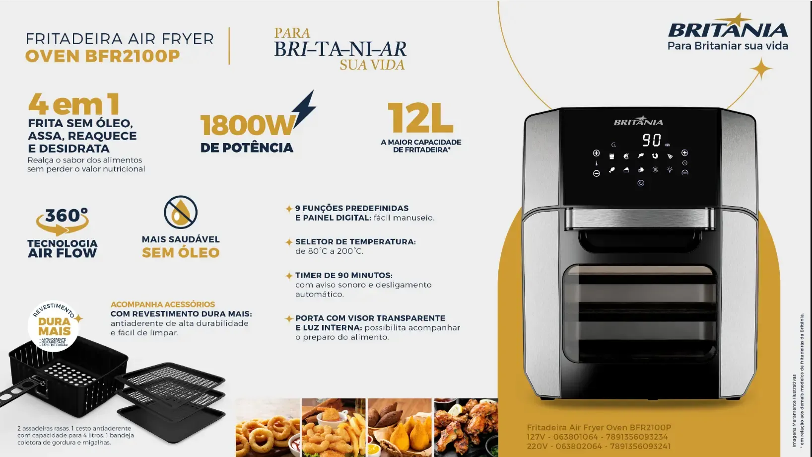 FRITADEIRA ELETRICA  OVEN BRITANIA AIR FRY DESIDRATADORA 12LT BFR2100 PRETA 220V