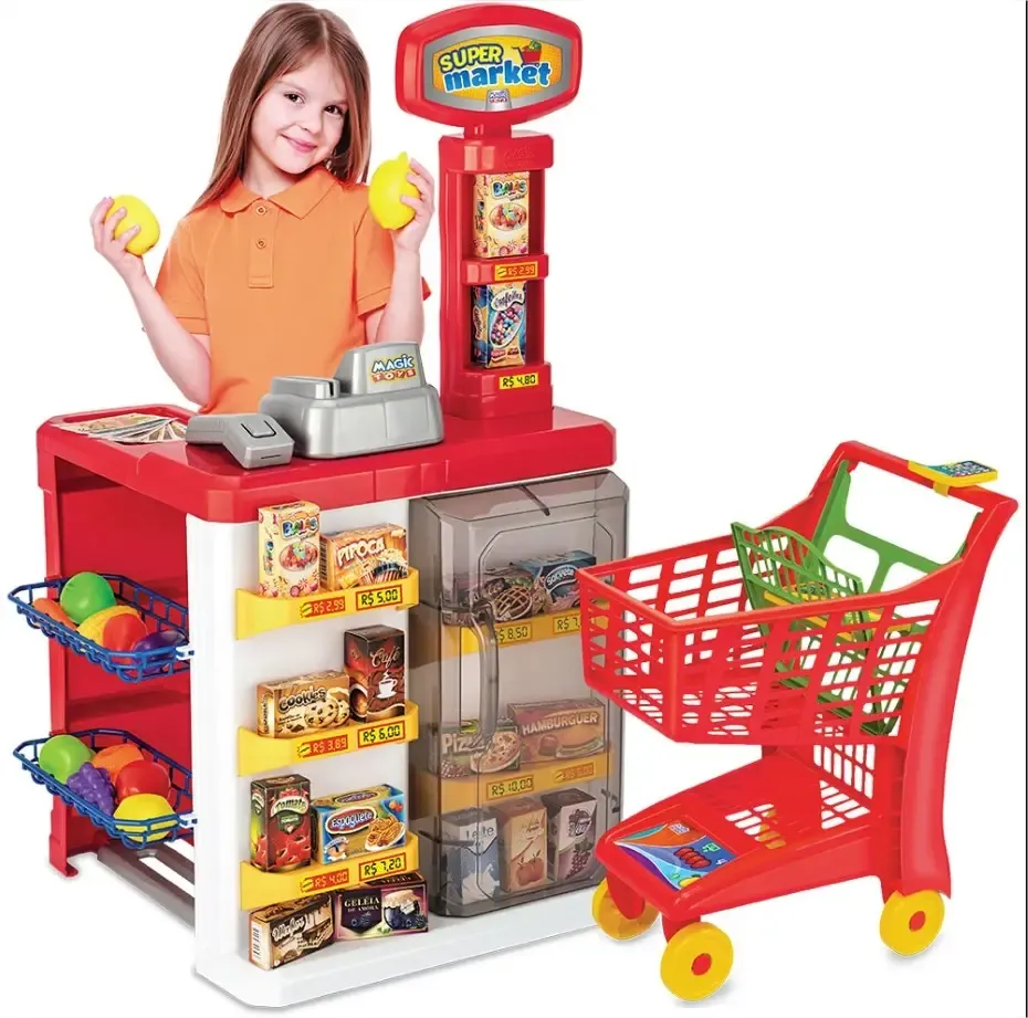 BRINQUEDO MERCADINHO C/CARRINHO + 31 ACESSORIOS MAGIC TOYS 8039 VERMELHO