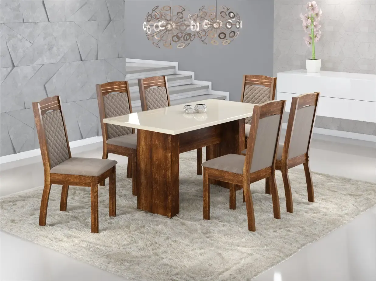 JOGO MESA SONETTO 6C URCA/ALICE 150X080 RUSTICO/OFF WHITE CARAMELO