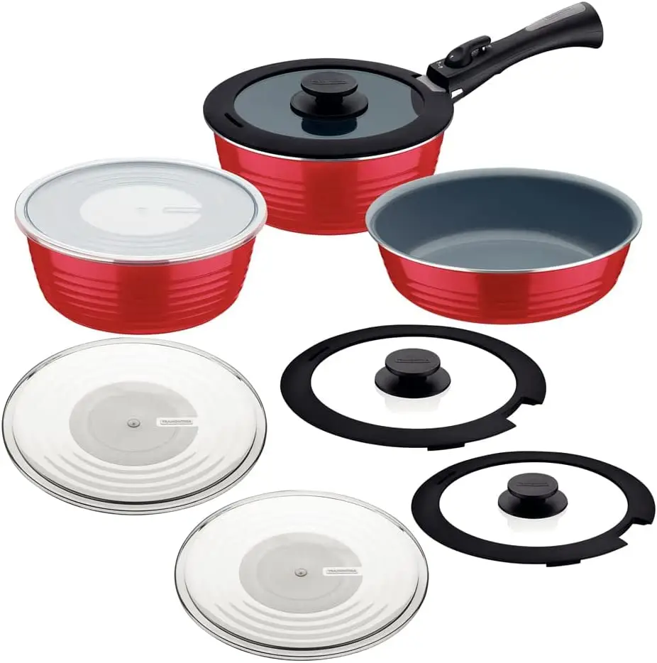 JOGO PANELA TRAMONTINA 10PC ITRIA C/REVEST.CERAMICO E CABO REMOVIVEL VERMELHO 20999/700