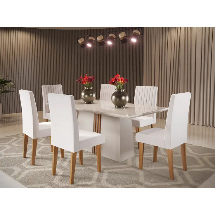 JOGO MESA VIERO 6C VALENTINA/DIOR MADEIRA 1.70X0.90 OFF WHITE LINHO AMENDOA