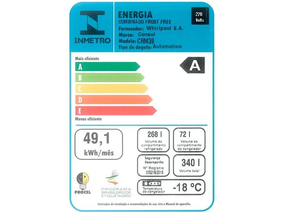 REFRIGERADOR CONSUL CRM39ABBNA 340LT FROST FREE BRANCO 220V 2