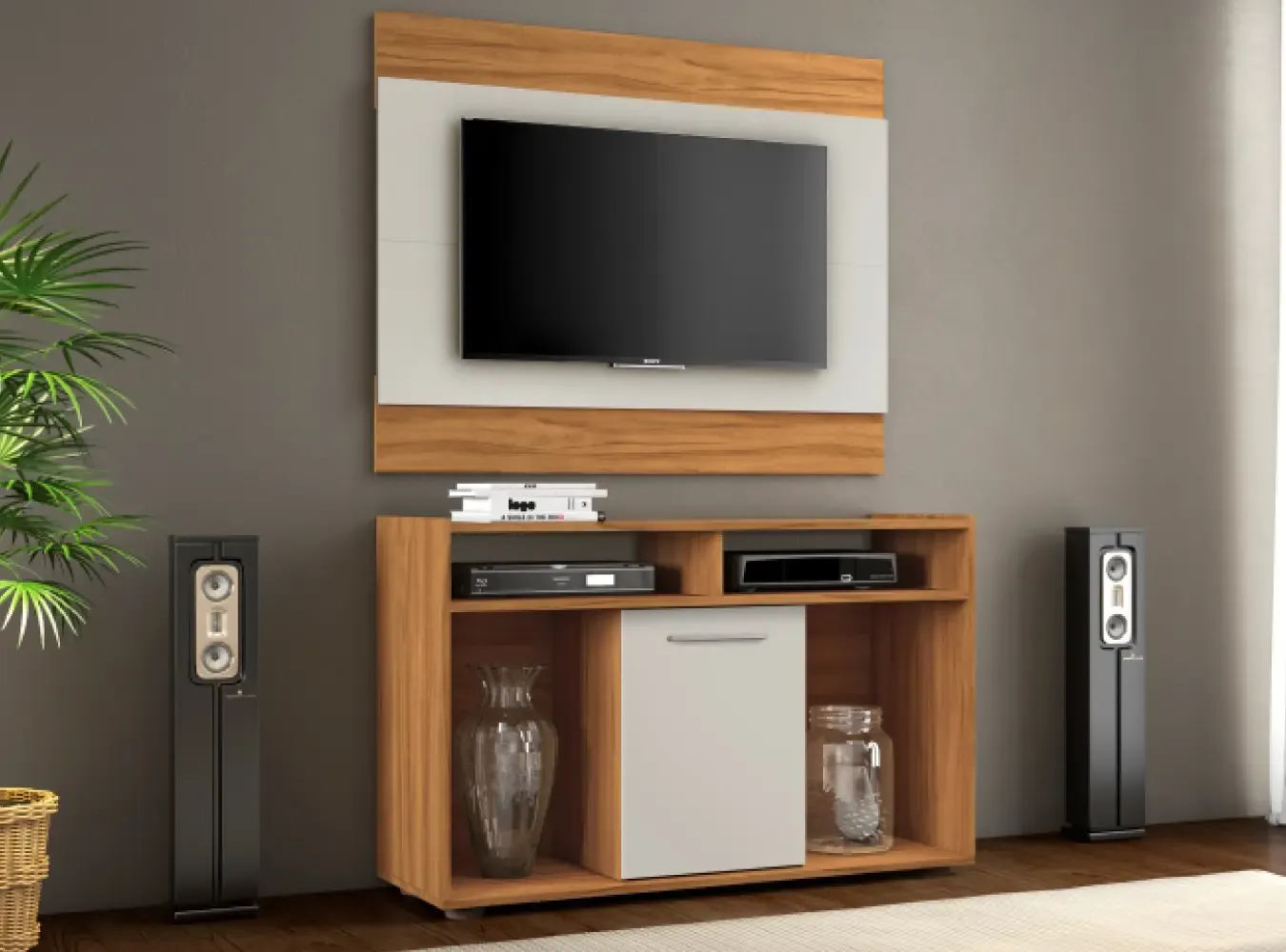 RACK NOTAVEL C/PAINEL SHOW 1.05MT P/43" FREIJO/OFF WHITE