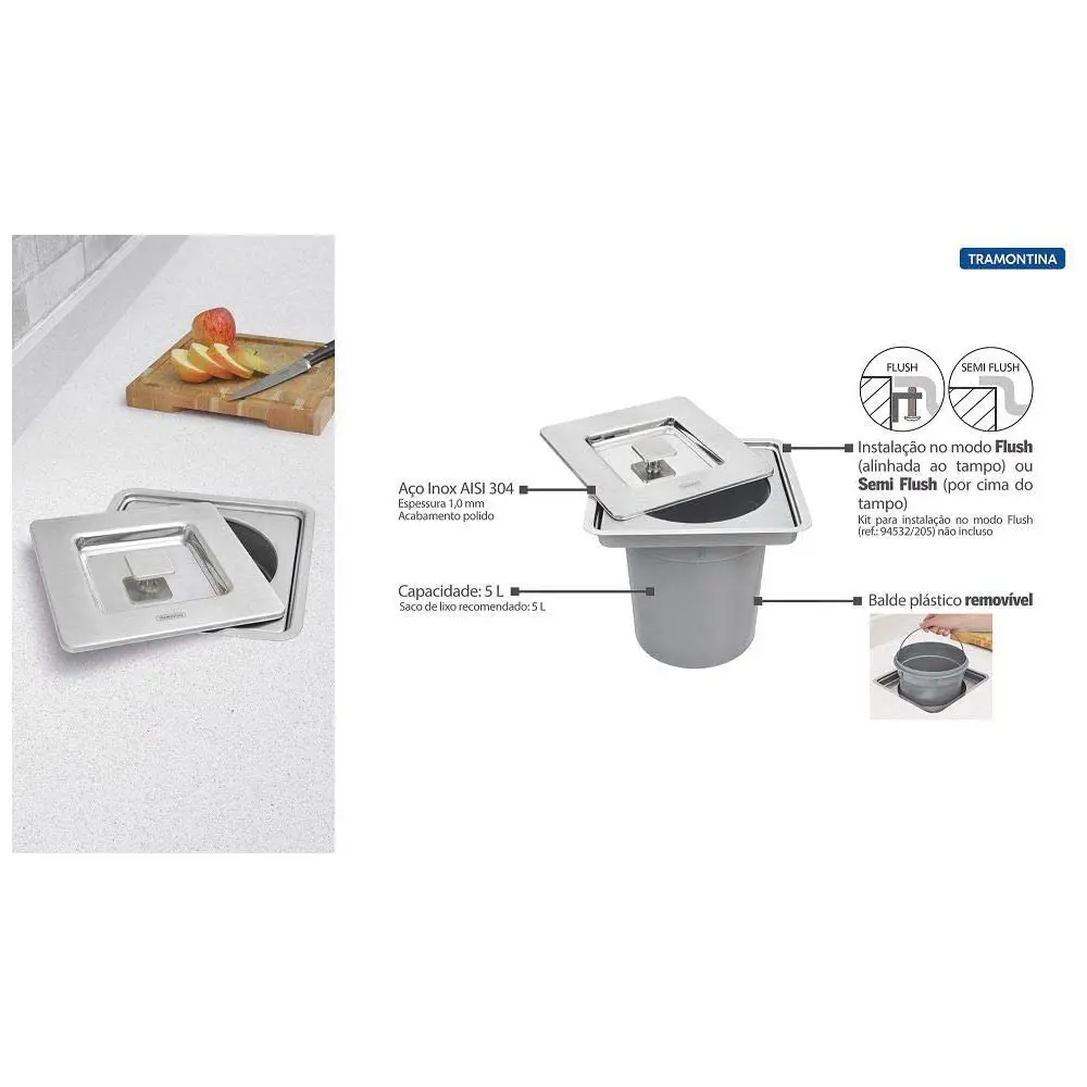 LIXEIRA TRAMONTINA 5L 94518/205 INOX EMBUT CLEAN SQUARE(BL) 2