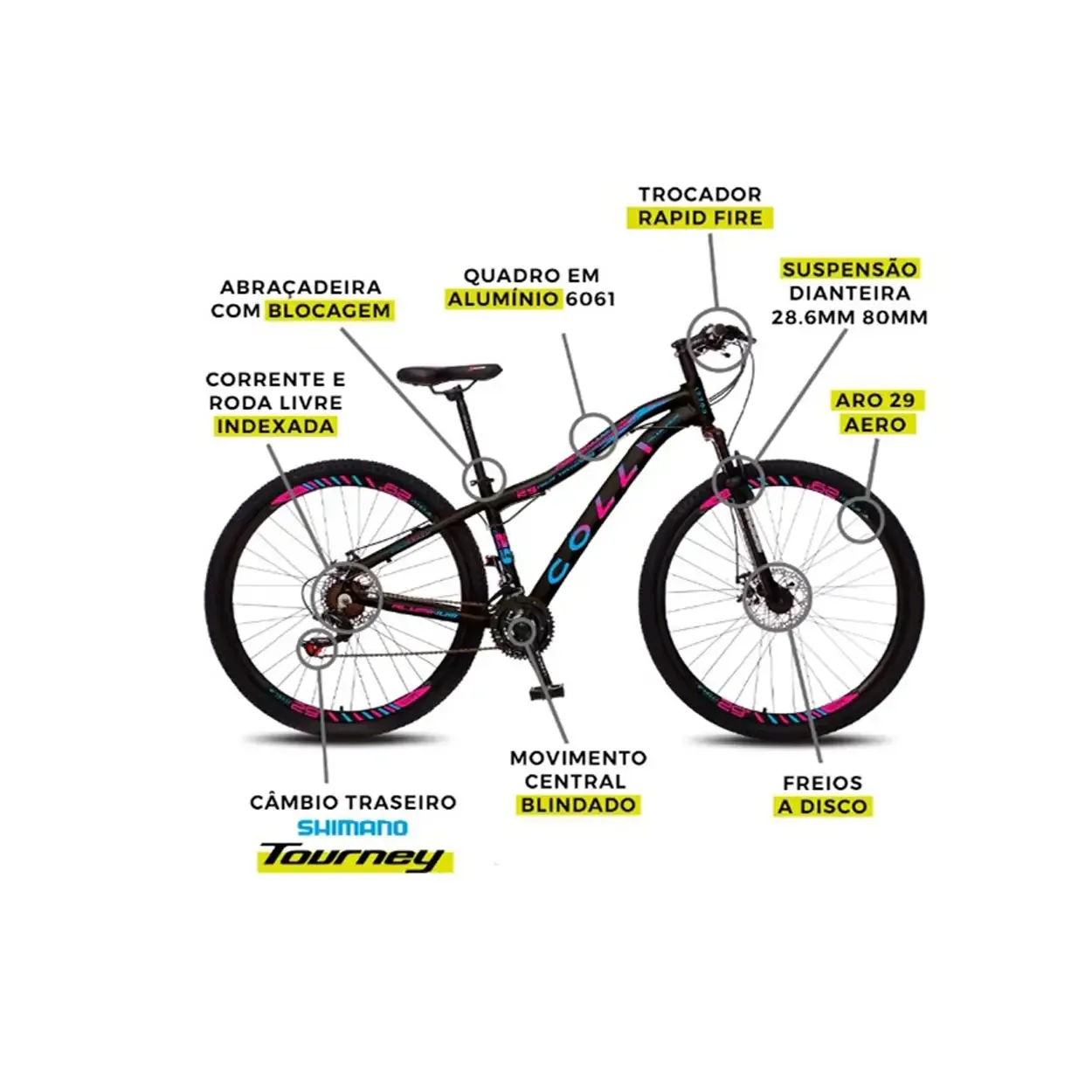 BICICLETA A29 COLLI  EUDORA ALUM. SHIMANO PRETO MULTICOLOR Q15,5 7