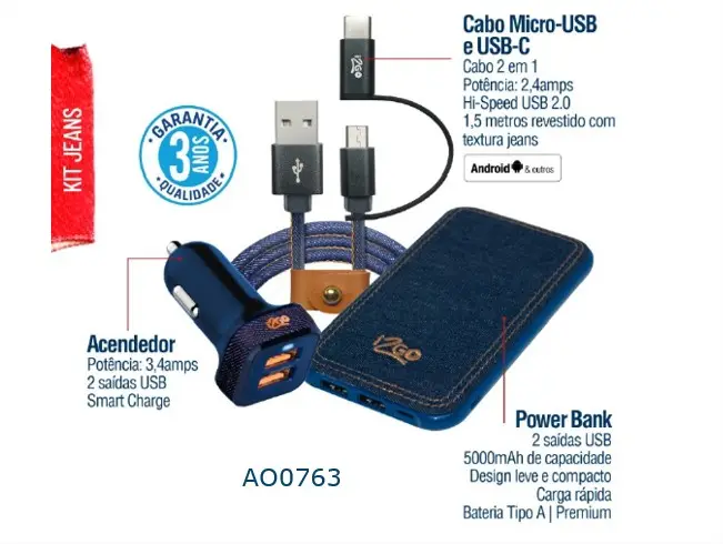 KIT JEANS I2GO 9462 CARREG. VEIC. + BAT. 5000MAH + CABO 2 EM 1 (TIPO C + MICRO-USB)