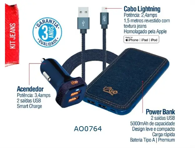KIT JEANS I2GO 9463 CARREG. VEIC. + BAT. 5000MAH + CABO LIGHTNING APPLE