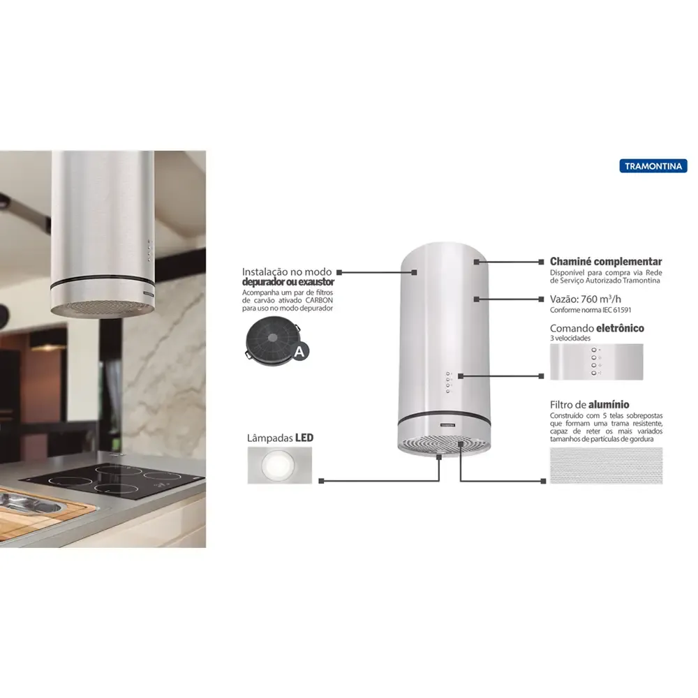 COIFA TUBE TRAMONTINA 94833/220 ACO INOX ISLA 35 220V 2