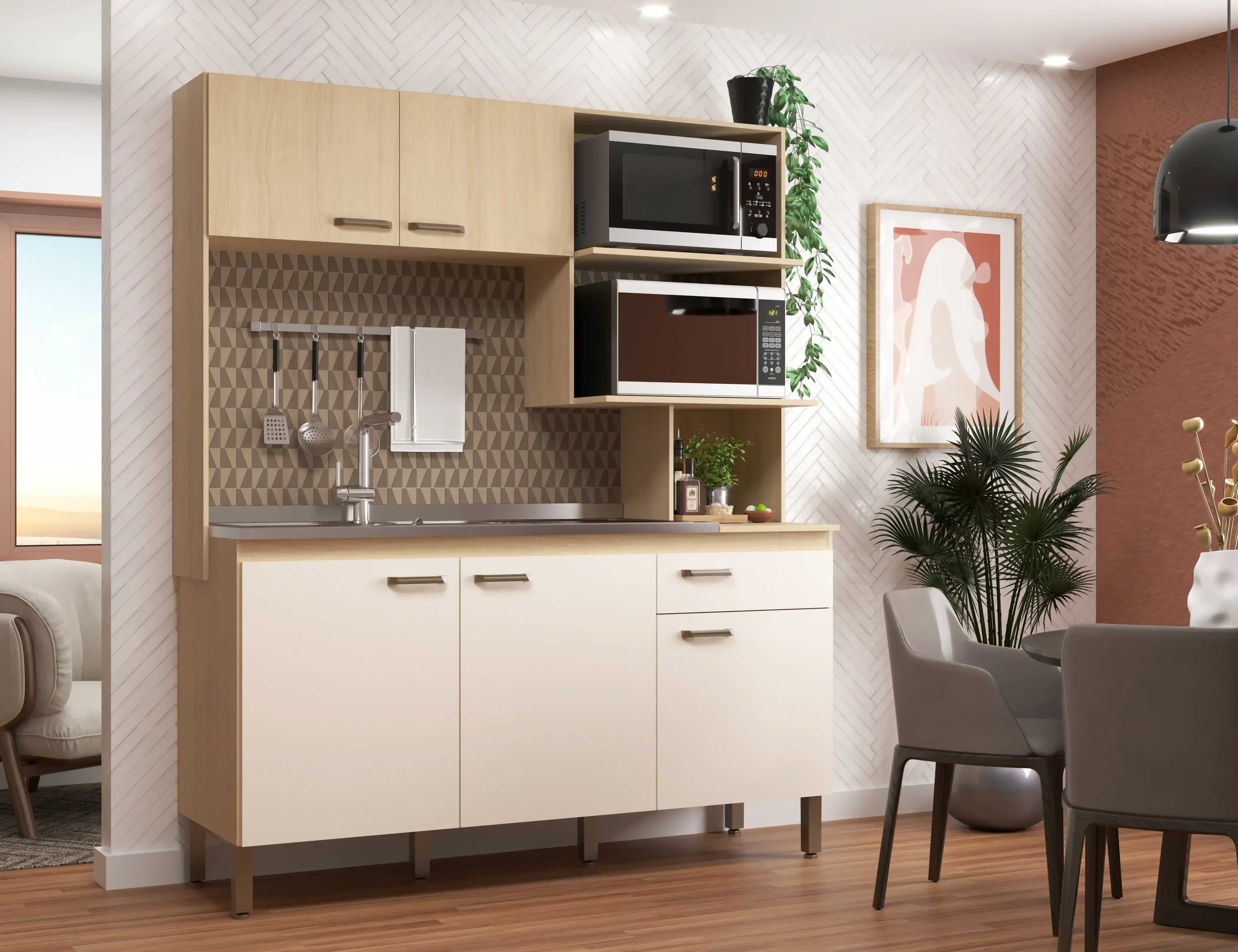 KIT COZINHA MOVEIS SUL EVELYN 1.56LX1.90A CARVALHO-OFF WHITE