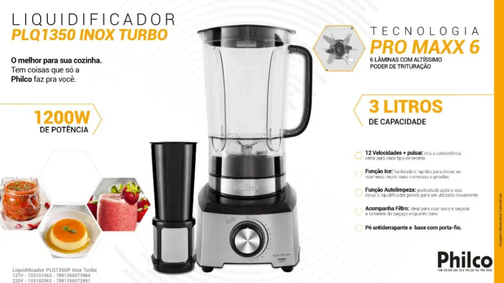 LIQUIDIFICADOR PHILCO PLQ1350 3LT 1.200W INOX TURBO 220V ANTIGO: PLQ1412P