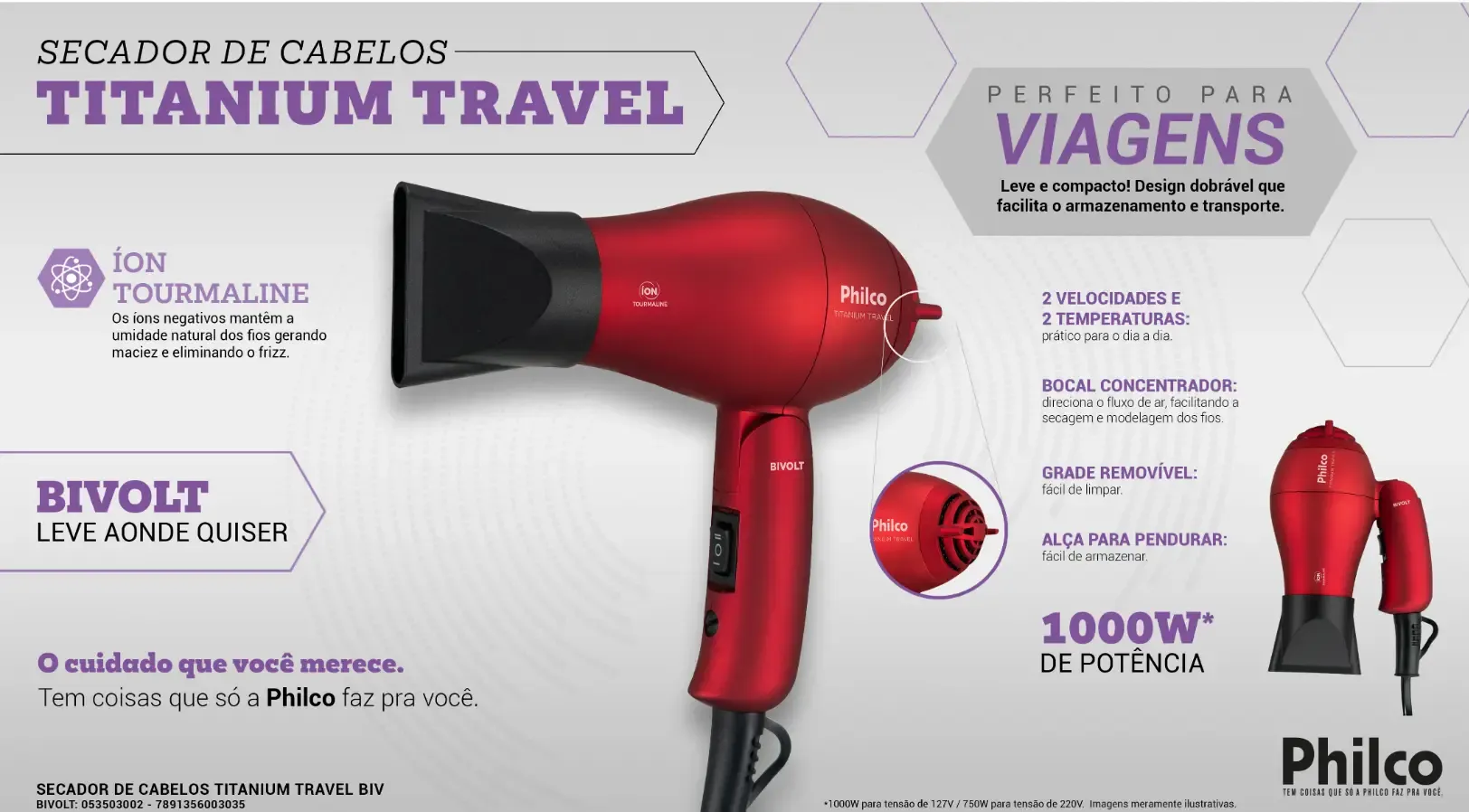 SECADOR CABELO TRAVEL PHILCO BSC1200 ANTIGO - PSC16 DIAMOND 1.200W BIVOLT 220V