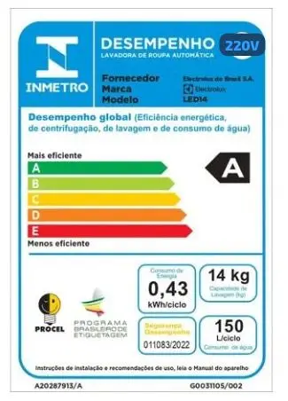 LAVADORA ELECTROLUX LED14 14KG BRANCA 220V 2