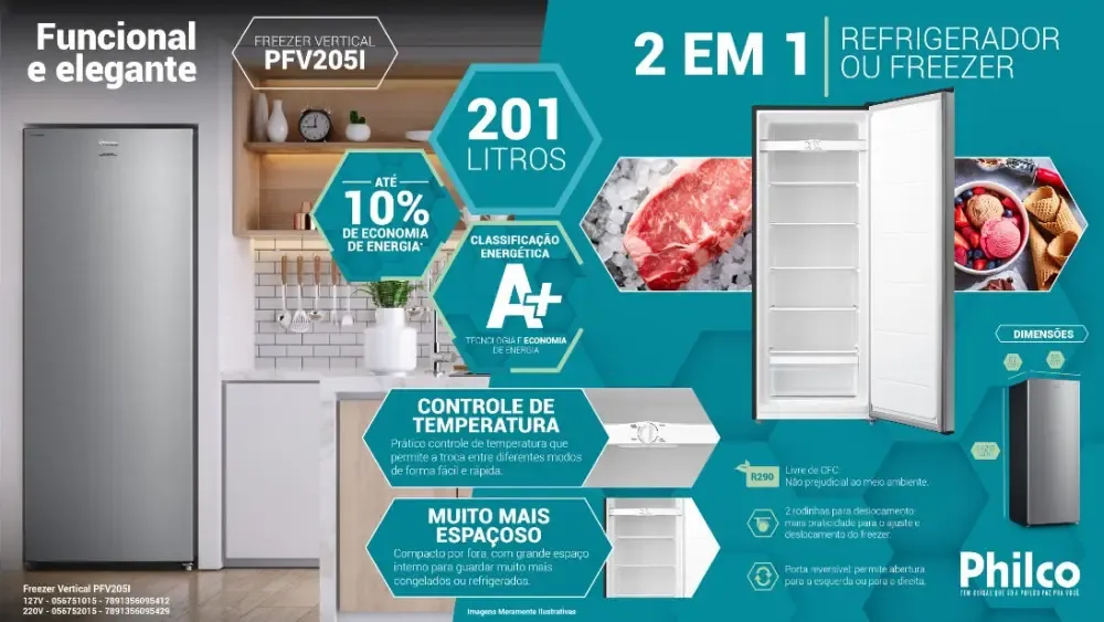 FREEZER/REFRIGERADOR VERTICAL PHILCO PFV205L 201LT INOX