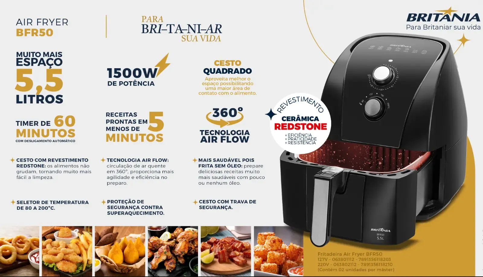 FRITADEIRA ELETRICA BRITANIA AIR FRY 5,5L REDSTONE BFR50 PRETO/VERMELHO 220V