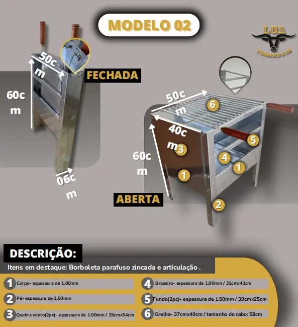 CHURRASQUEIRA LCA ALUMINIO  MEDIA 60CM X 50CM