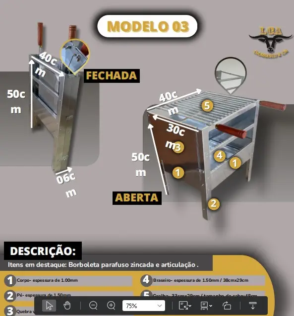 CHURRASQUEIRA LCA ALUMINIO  PEQUENA 50CM X 40CM