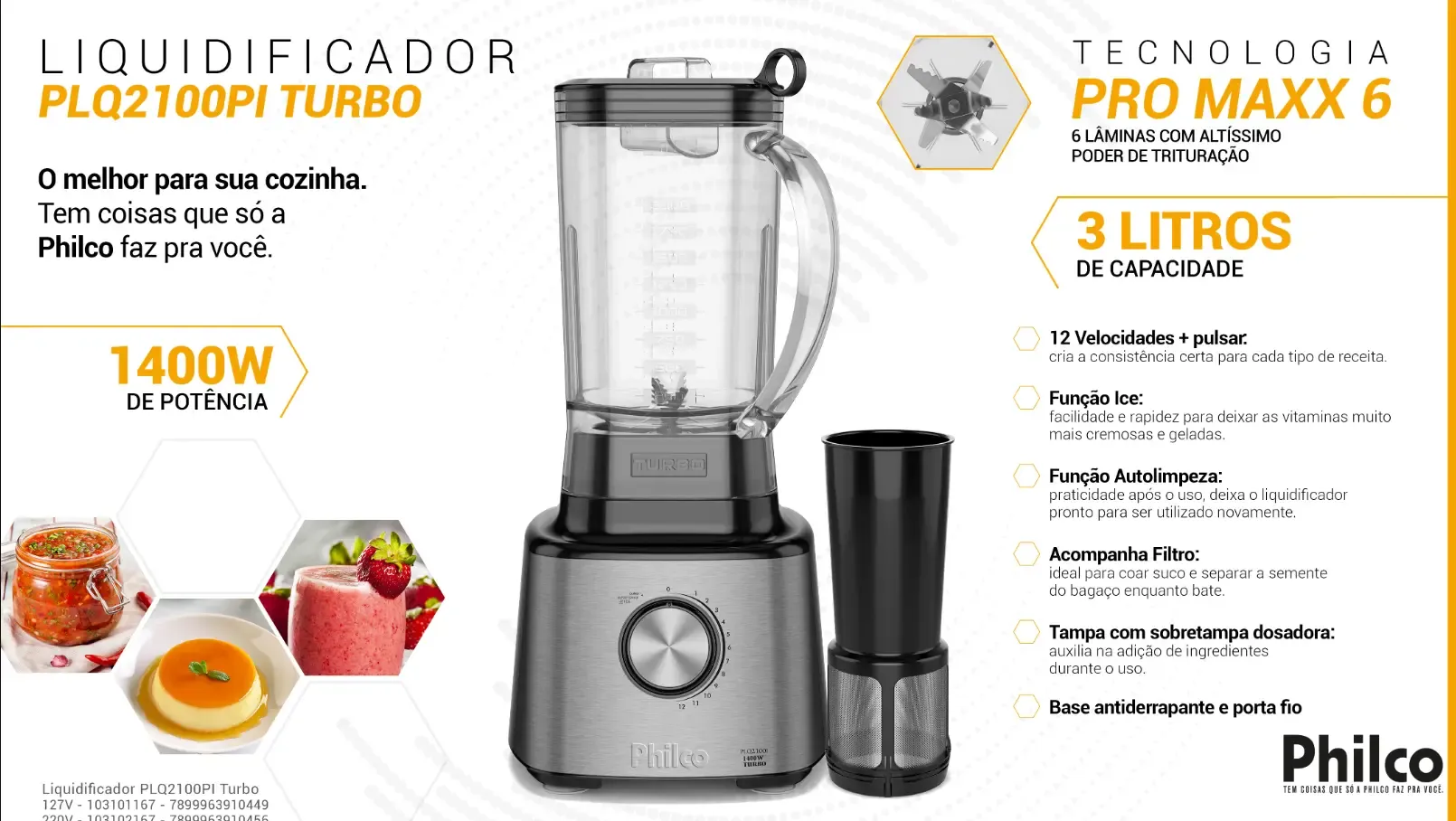 LIQUIDIFICADOR PHILCO PLQ2100PI 3LT 1.400W INOX PRO MAXX6 TURBO 220V