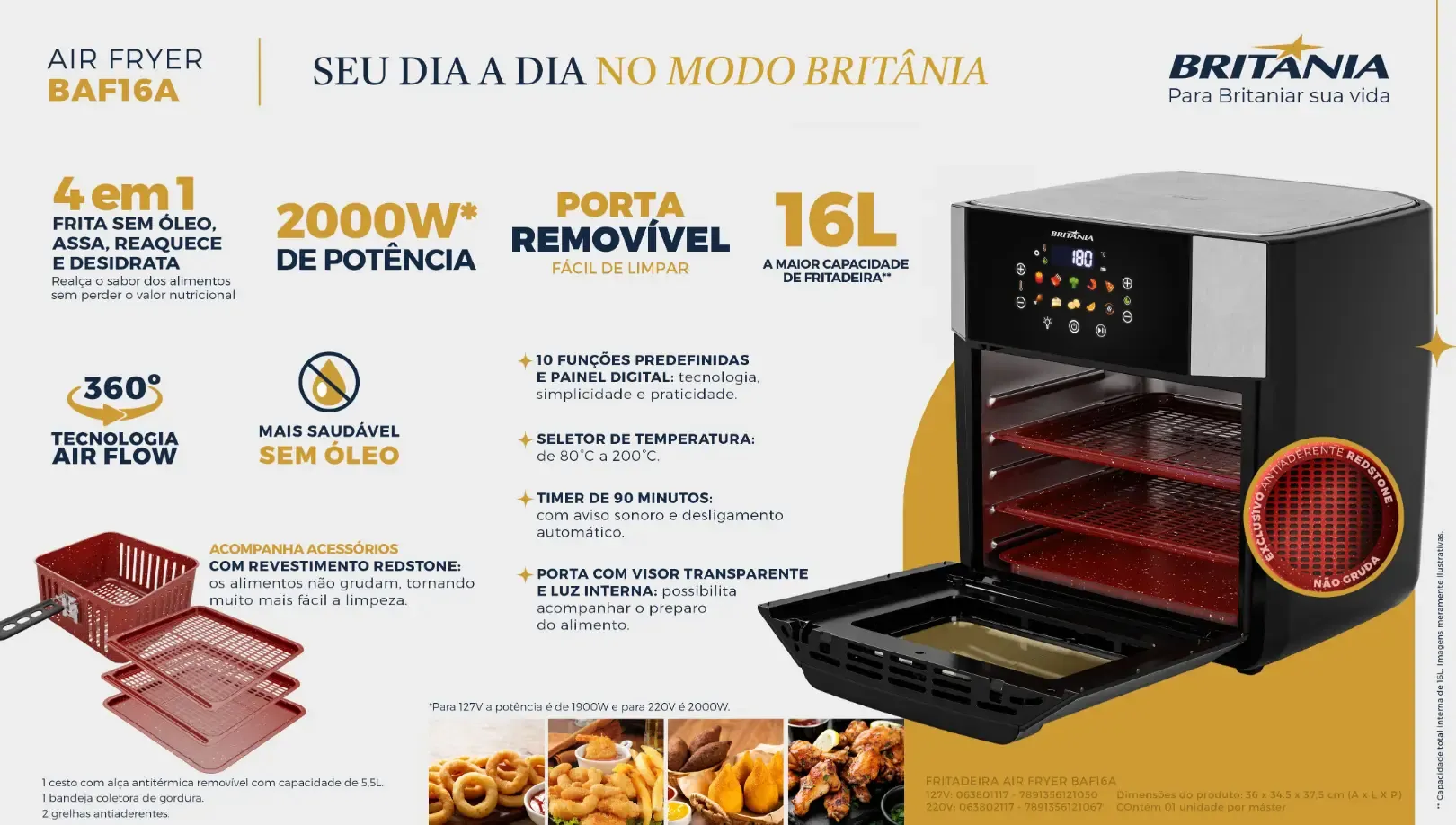 FRITADEIRA ELETRICA   OVEN BRITANIA AIR FRY DESIDRATADORA 16LT BAF16A PRETA 220V