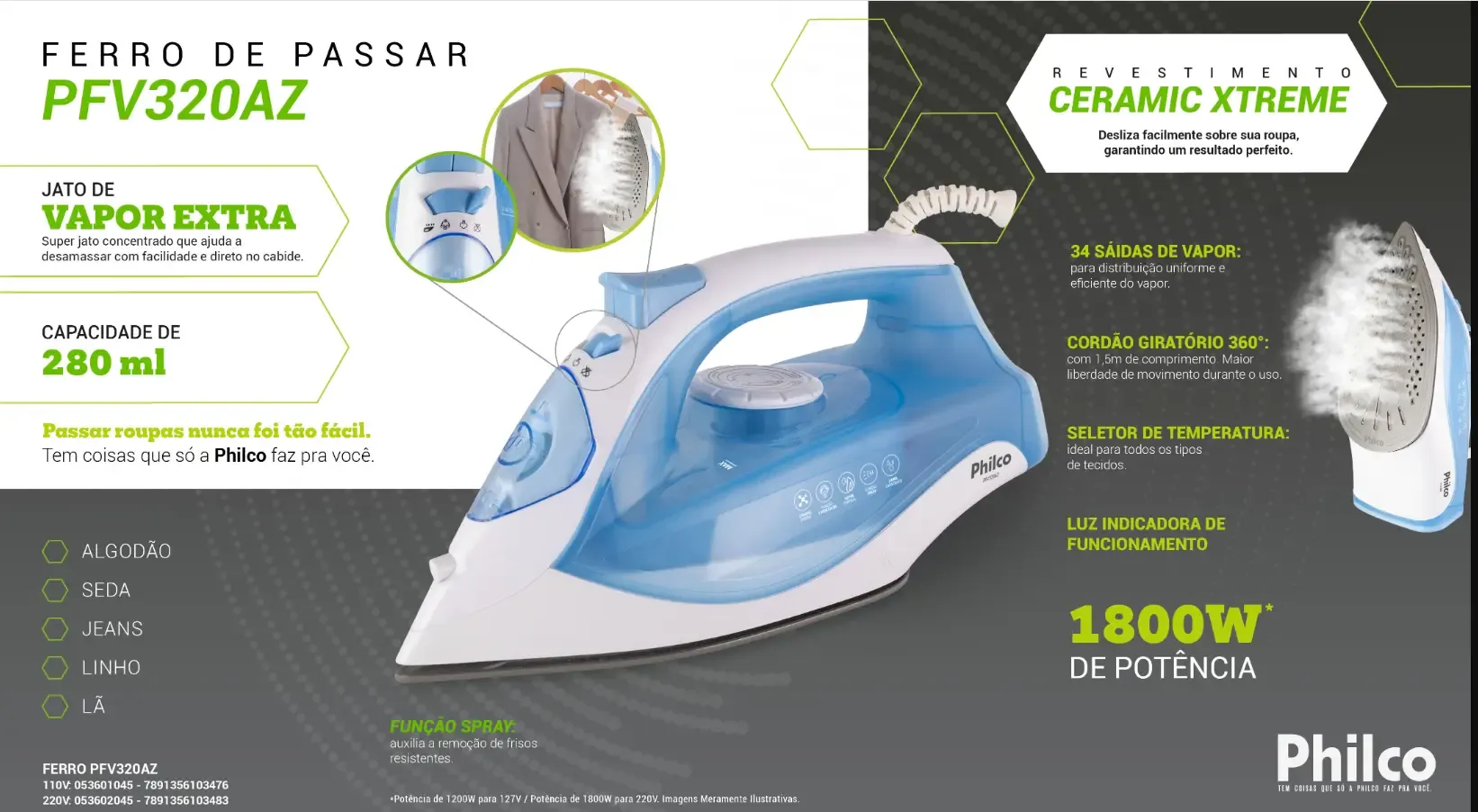 FERRO ELETRICO PHILCO PFV320AZ CERAMIC 220V