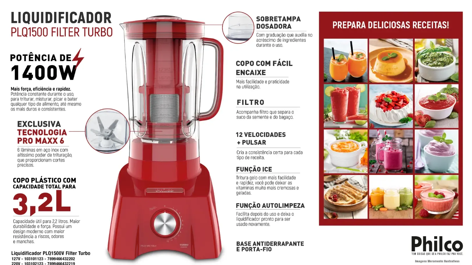 LIQUIDIFICADOR PHILCO PLQ1500 3.2LT 1.400W VERMELHO 220V 2