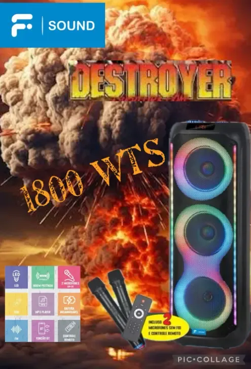 CAIXA SOM F-SOUND C/BATERIA FS-383 BT C/2 MICROFONES S/FIO + CONTROLE 1.800W 2