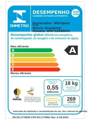 LAVADORA BRASTEMP BWF18ABBNA 18KG BRANCA 220V 3