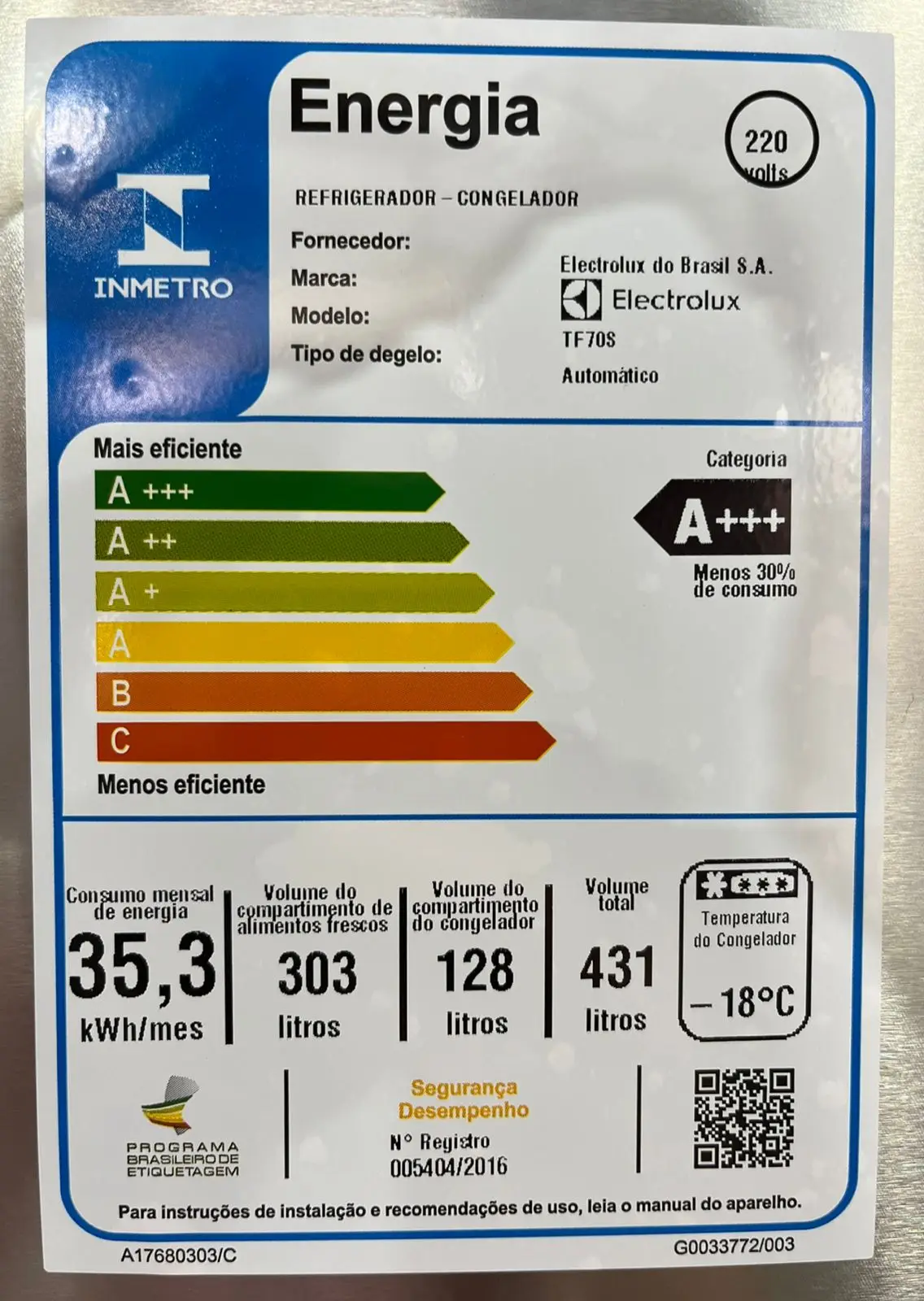 REFRIGERADOR ELECTROLUX TF70S 431L FROST FREE INOX 220V 3