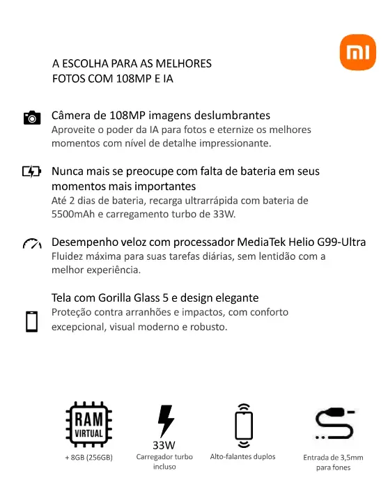 CELULAR XIAOMI REDMI NOTE 14 256GB PRETO + FONE TWS 2