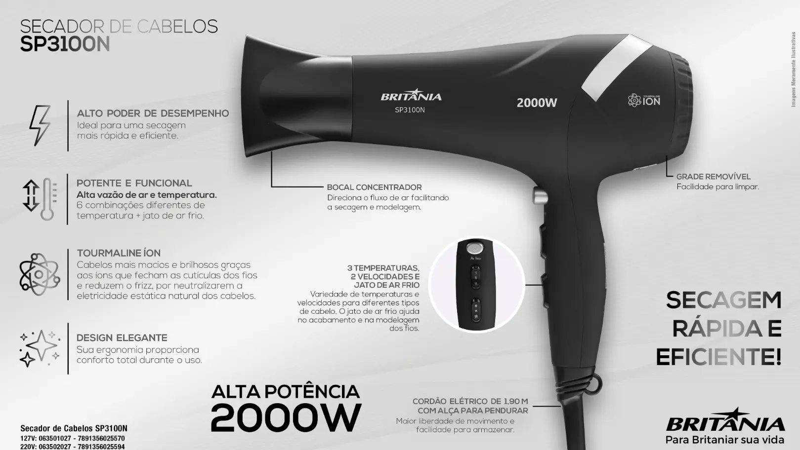 SECADOR CABELO BRITANIA SP3100N 2.000W PRETO 220V